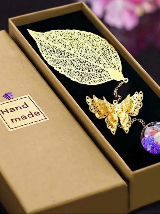 Jewelry - Handmade Gold Leaf and Butterfly Pendant Bookmark - Gold